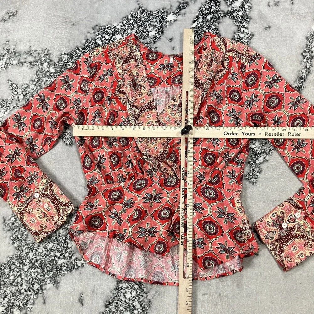 Free People Boho Wrap Top Red‎ Medallion Print Bell Sleeve Blouse Womens Small
